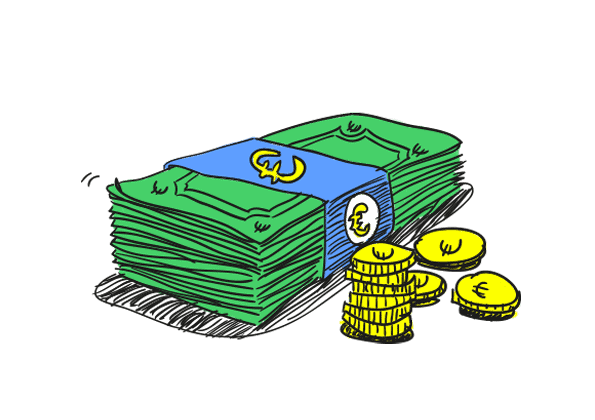 Drawing of a pack of banknotes and few coins