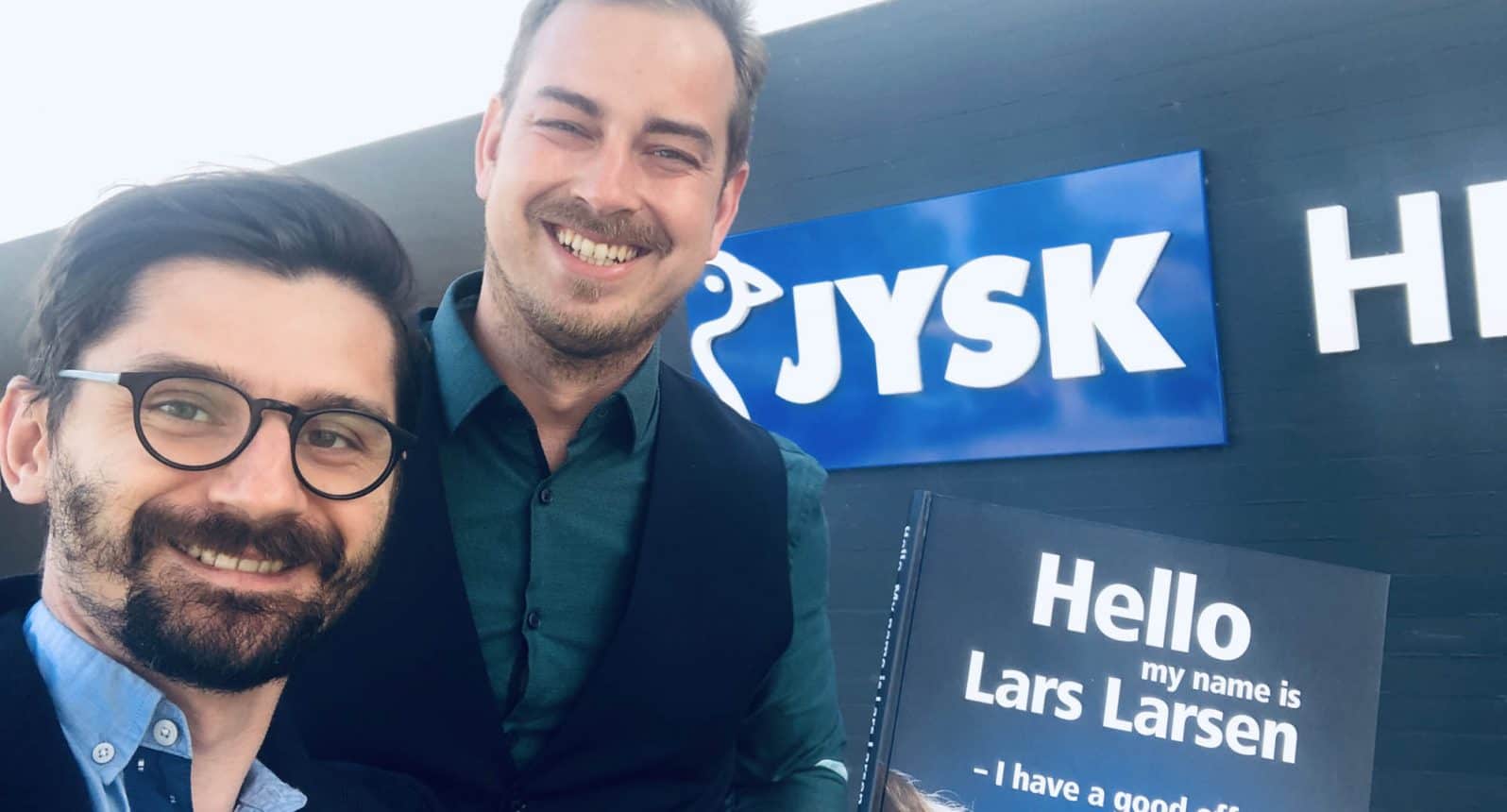 Staffino's Co-Founders at the headquarters of their first global client, Jysk.