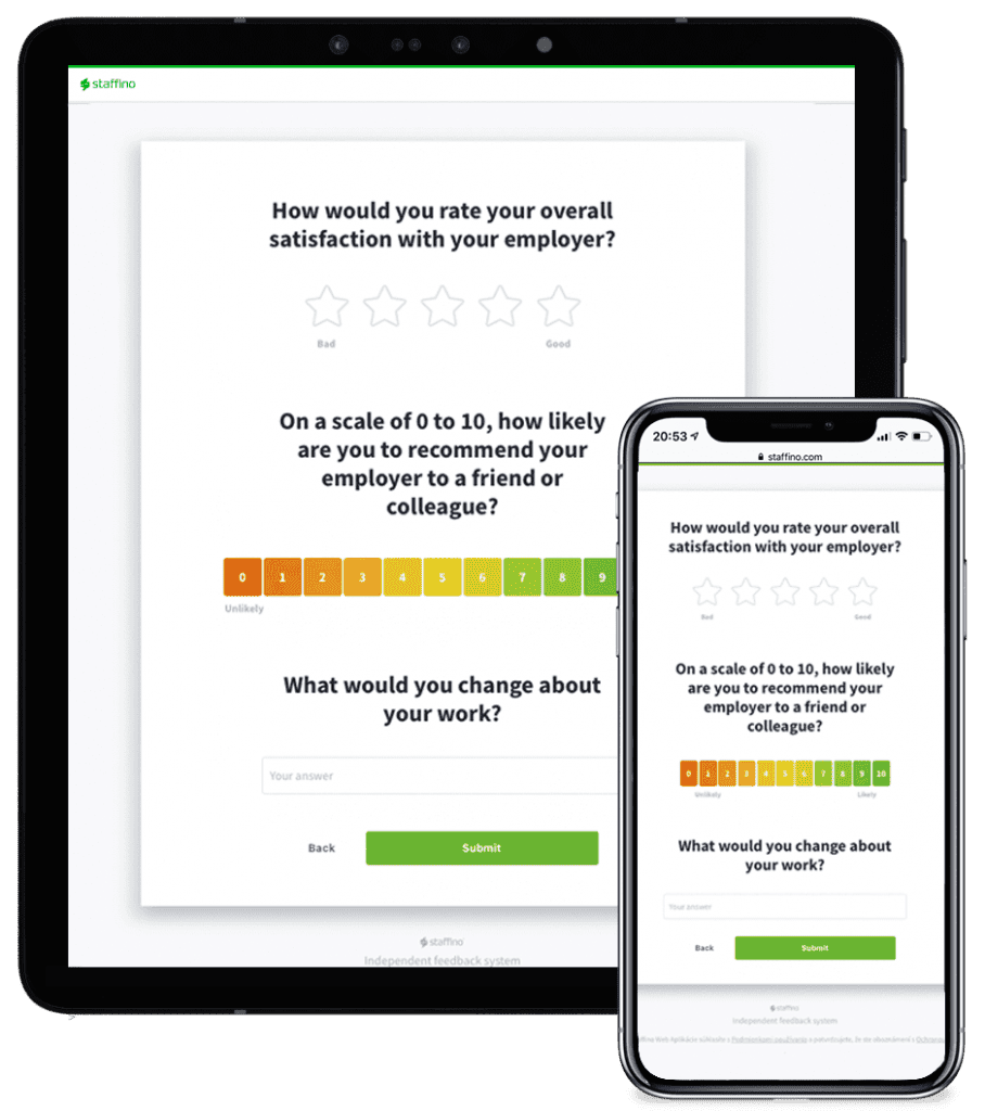 An image showing a tablet and a phone with employee satisfaction survey on their screens.