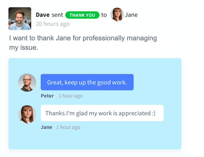 Example of a company chat where manager shows his appreciation to a employee.