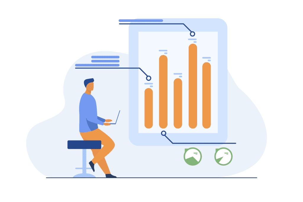 Illustration with a man sitting on a chair with a laptop close to a big chart