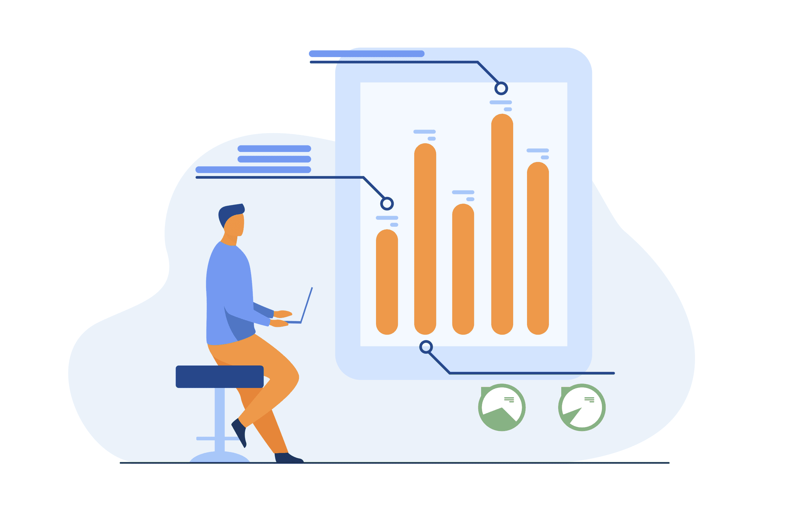 Illustration with a man sitting on a chair with a laptop close to a big chart