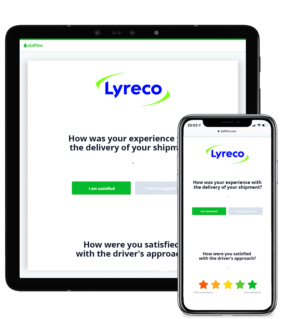 The picture shows Lyreco's customer feedback questionnaire with questions about the satisfaction with their couriers.