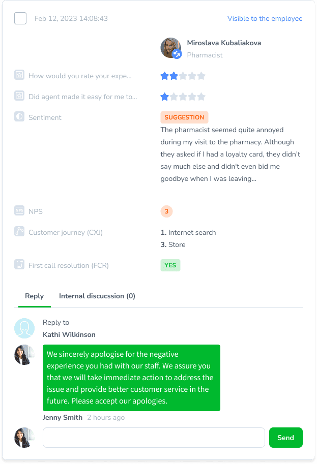The picture shows a negative customer feedback and a manager's prompt response to this feedback.