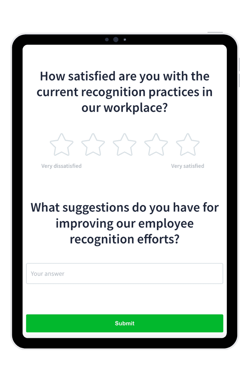 Tablet that shows an employee recognition survey.