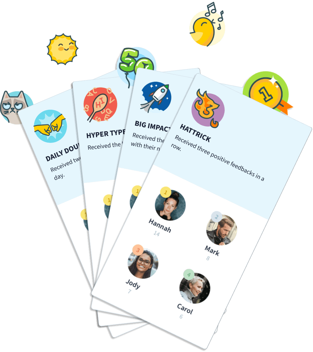A picture with a few cards showing examples of gamification module.