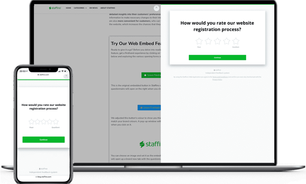 The picture shows an example of a transactional survey displayed to customers after website registration. It asks customers to rate their registration process on a CSAT scale of 1 to 5.