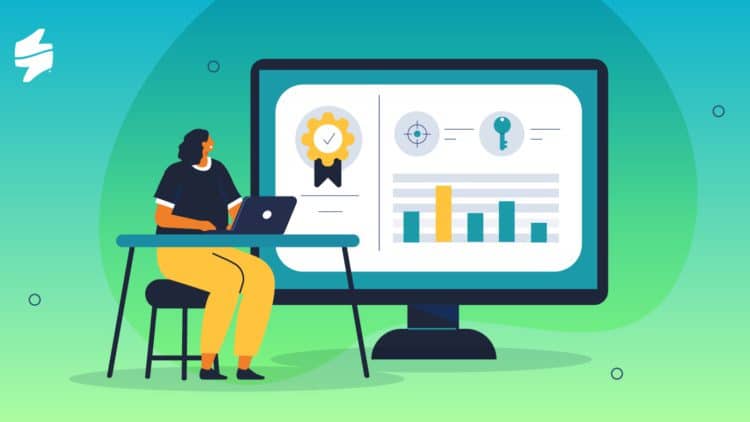A picture with a woman sitting at the table looking at the graphs behind her, showing results of her employee motivation strategy.