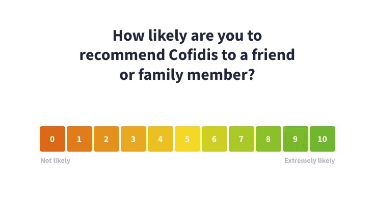 This is a picture of NPS survey question of Cofidis Slovakia. It shows a 0 to 10 rating scale and asks whether the customer would recommend Cofidis to a friend or family memeber.