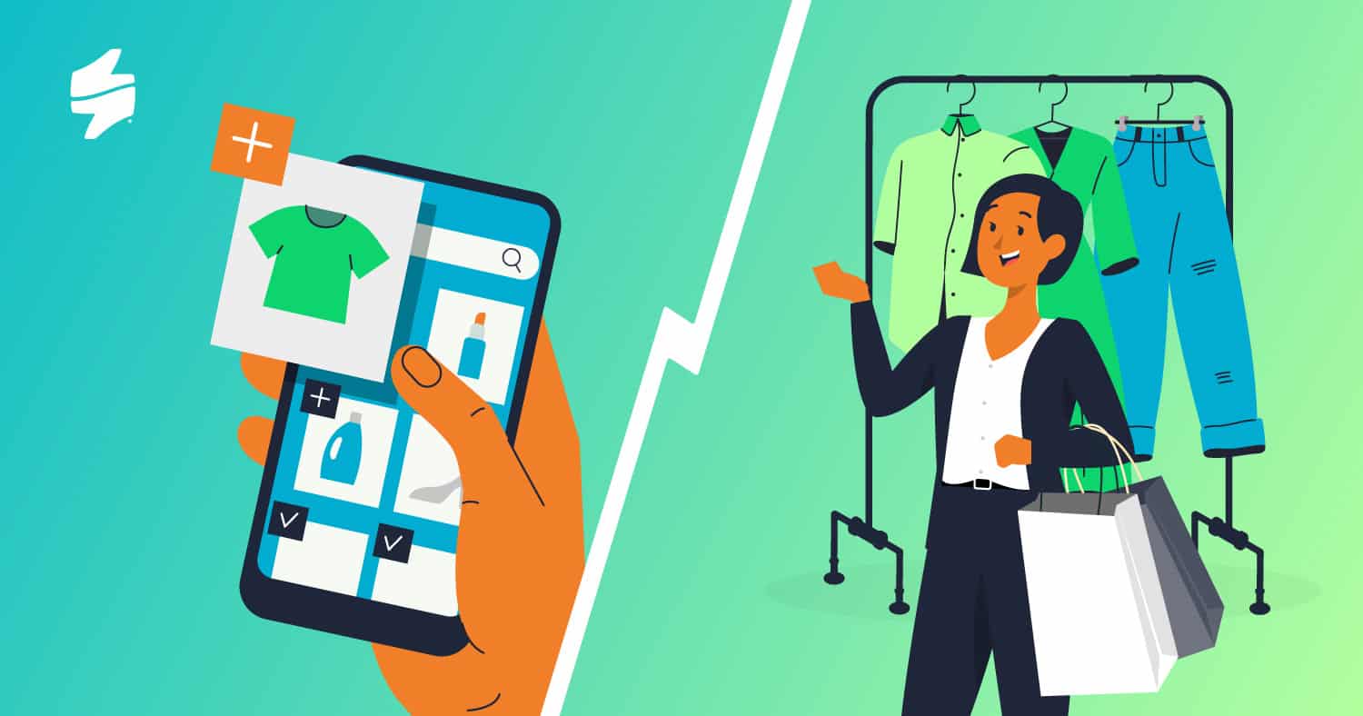 Picture showing on left online shopping via smartphone and on the right a woman shopping in a physical store