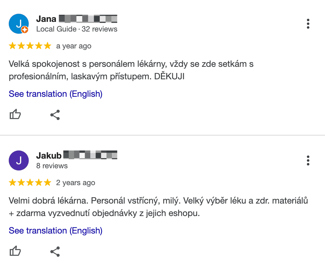 Two examples of positive Google reviews for EUC pharmacy in Czech language.