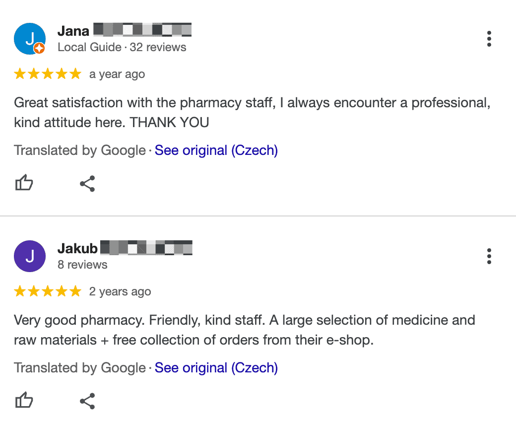 Two examples of positive Google reviews for EUC pharmacy.