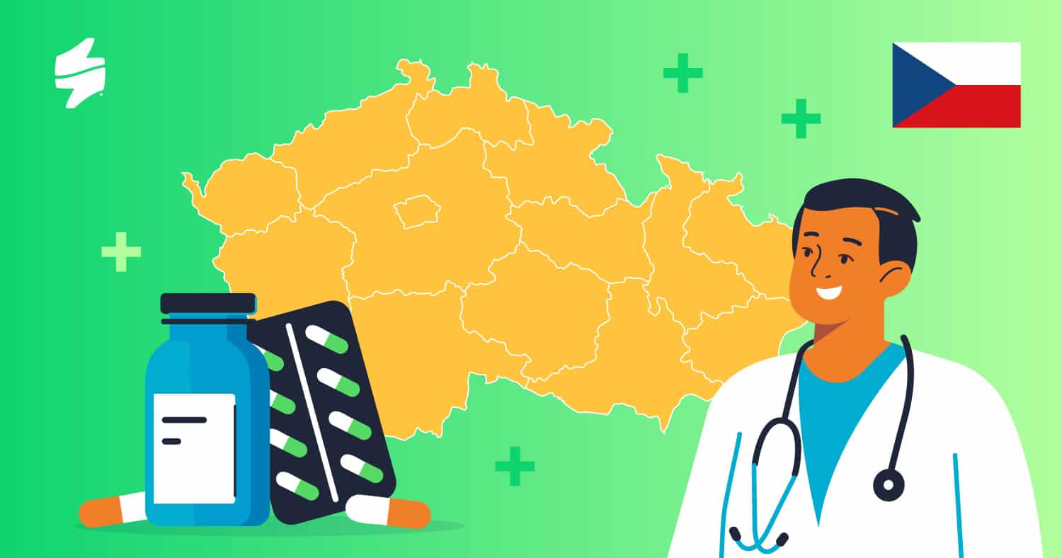 This is a blog article cover showing a pharmacist and a map of Czechia.