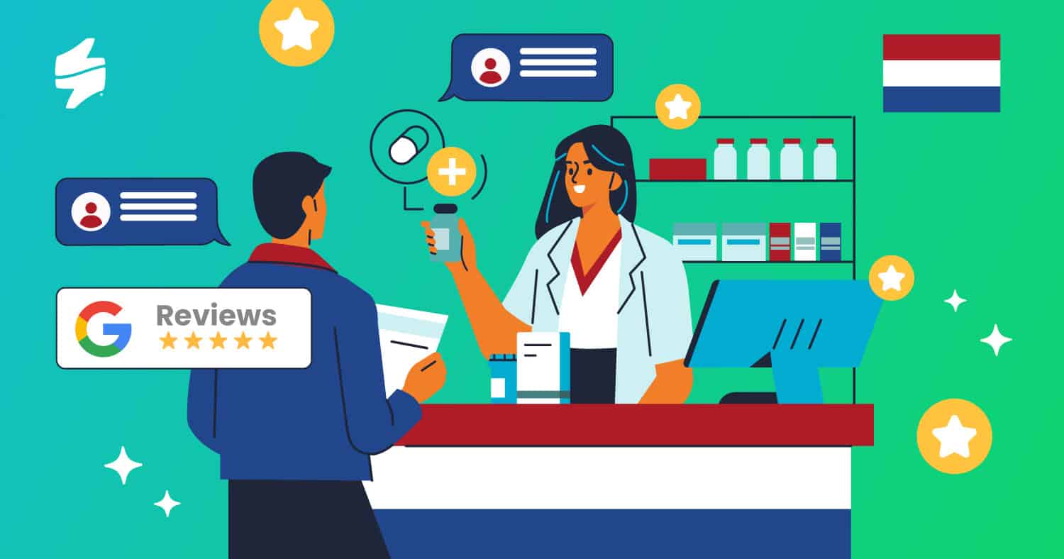A pharmacist and customer interacting in a pharmacy.