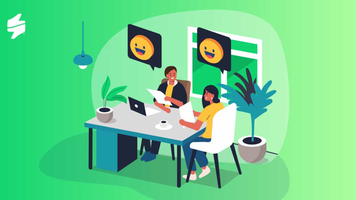 an illustration of a manager and an employee in the office with smile on their faces.