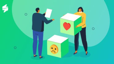 Illustration of two persons with boxes that have emojis showing emotions