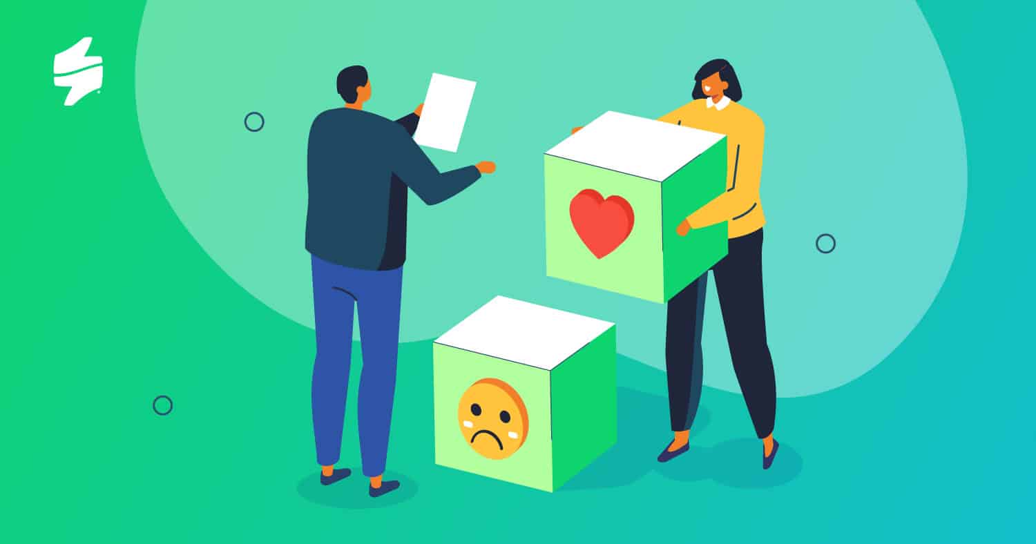 Illustration of two persons with boxes that have emojis showing emotions