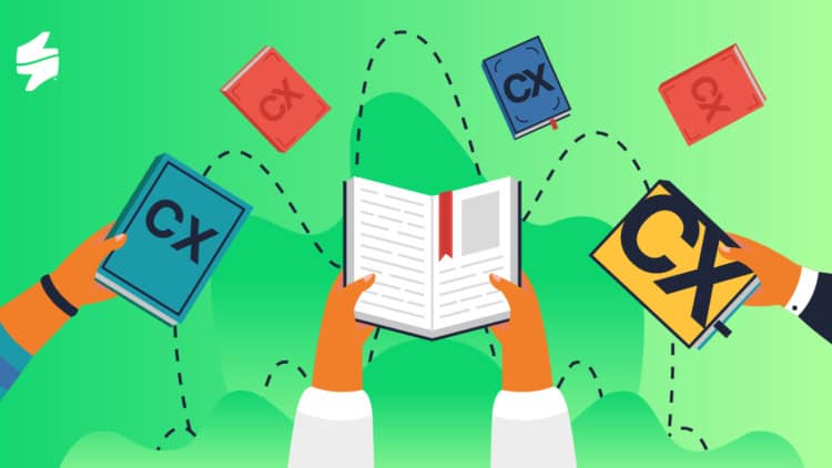 An illustration of hands holding books about customer experience (cx)