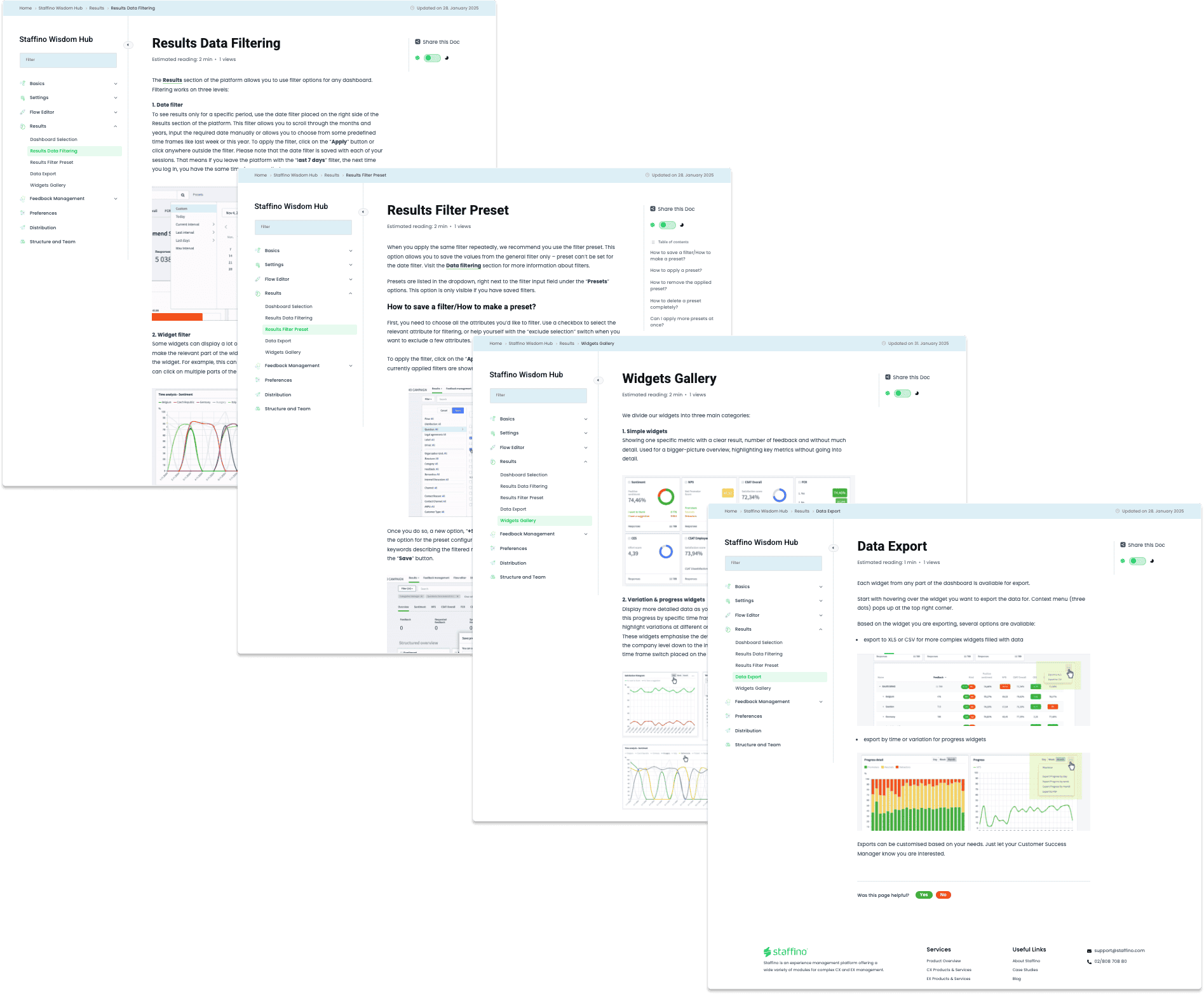 Examples of several pages from the Staffino CX platform guide called the Wisdom Hub.