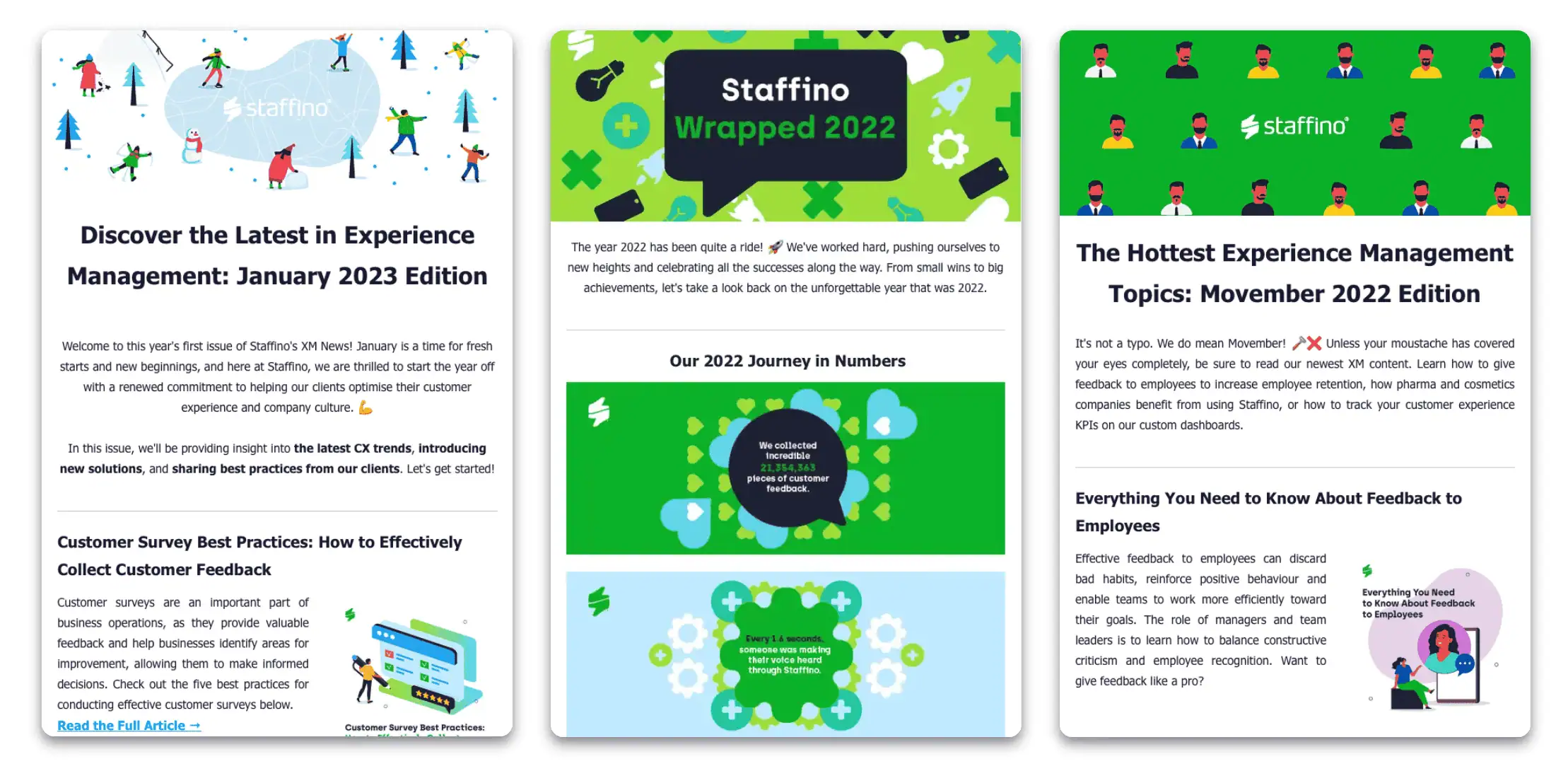 Three examples of Staffino's monthly newsletter.