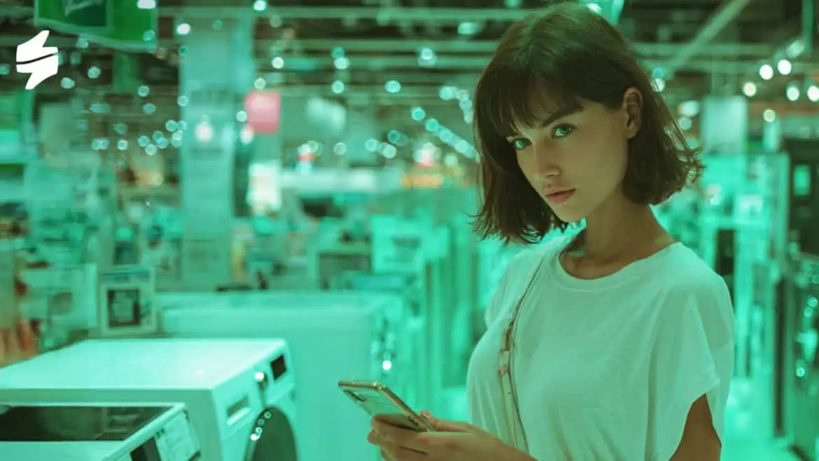 Modern woman shopping in electronics store, using smartphone, digital retail customer experience.