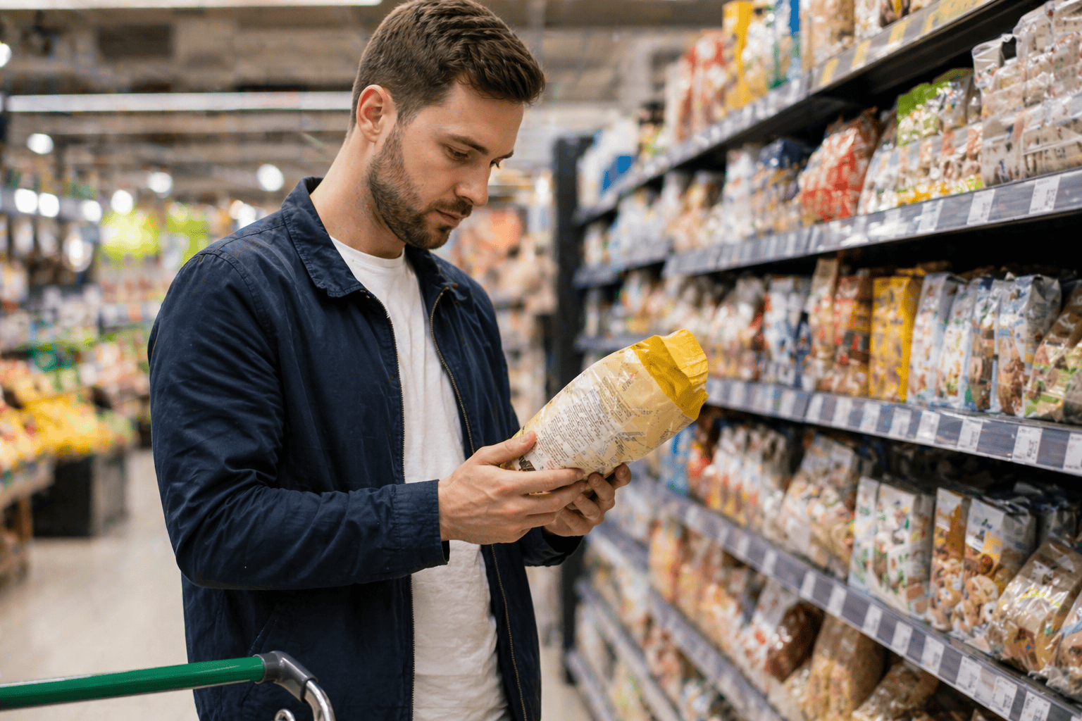 Customer studying the price of a product in a grocery store. Grocery pricing satisfaction.