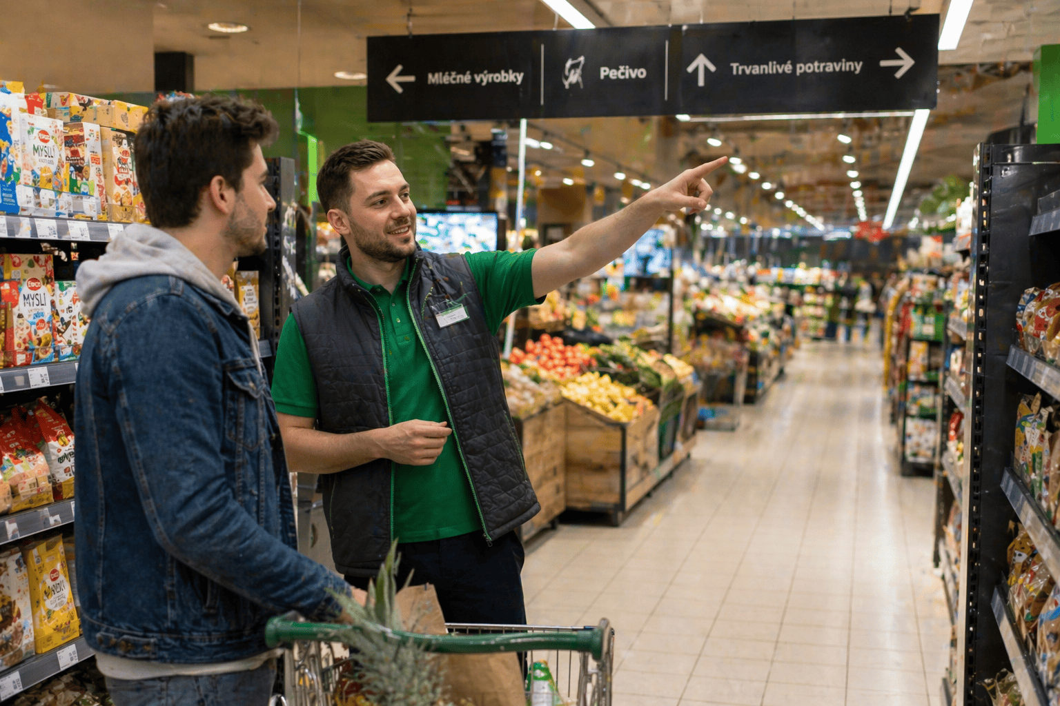A grocery store employee showing a customer where to find specific goods. Grocery store navigation experience. Customer satisfaction with supermarket navigation.