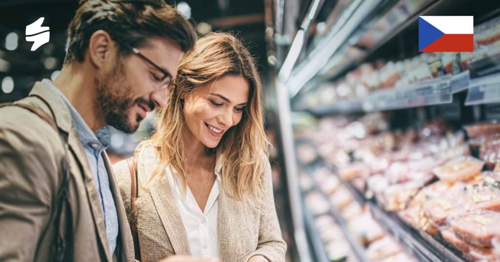 A couple in a supermarket shopping for groceries. Grocery store customer experience. Customer satisfaction in retail.