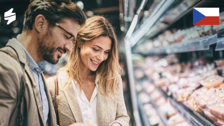 A couple in a supermarket shopping for groceries. Grocery store customer experience. Customer satisfaction in retail.